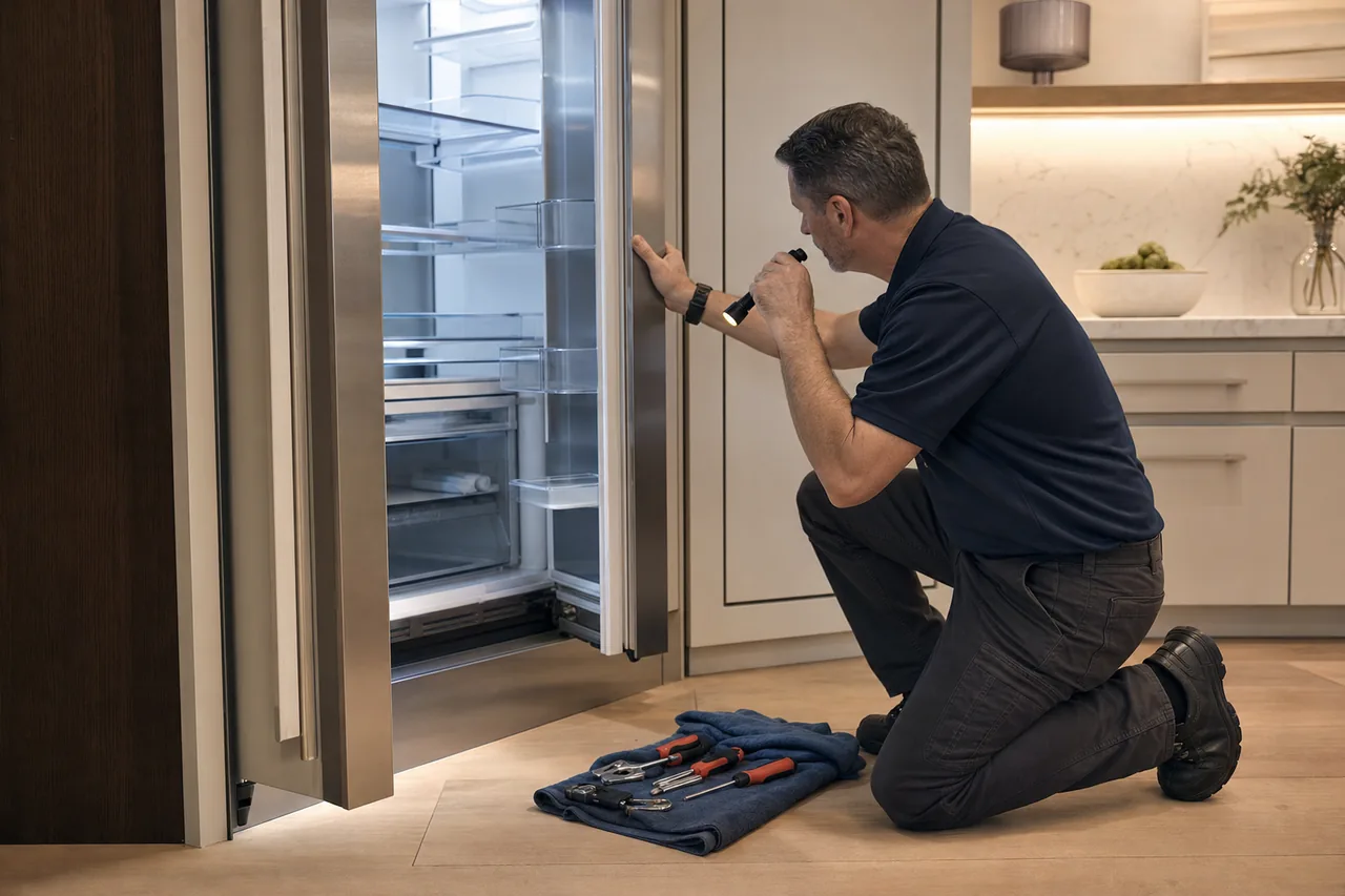 Technician repairing a built-in refrigerator up close