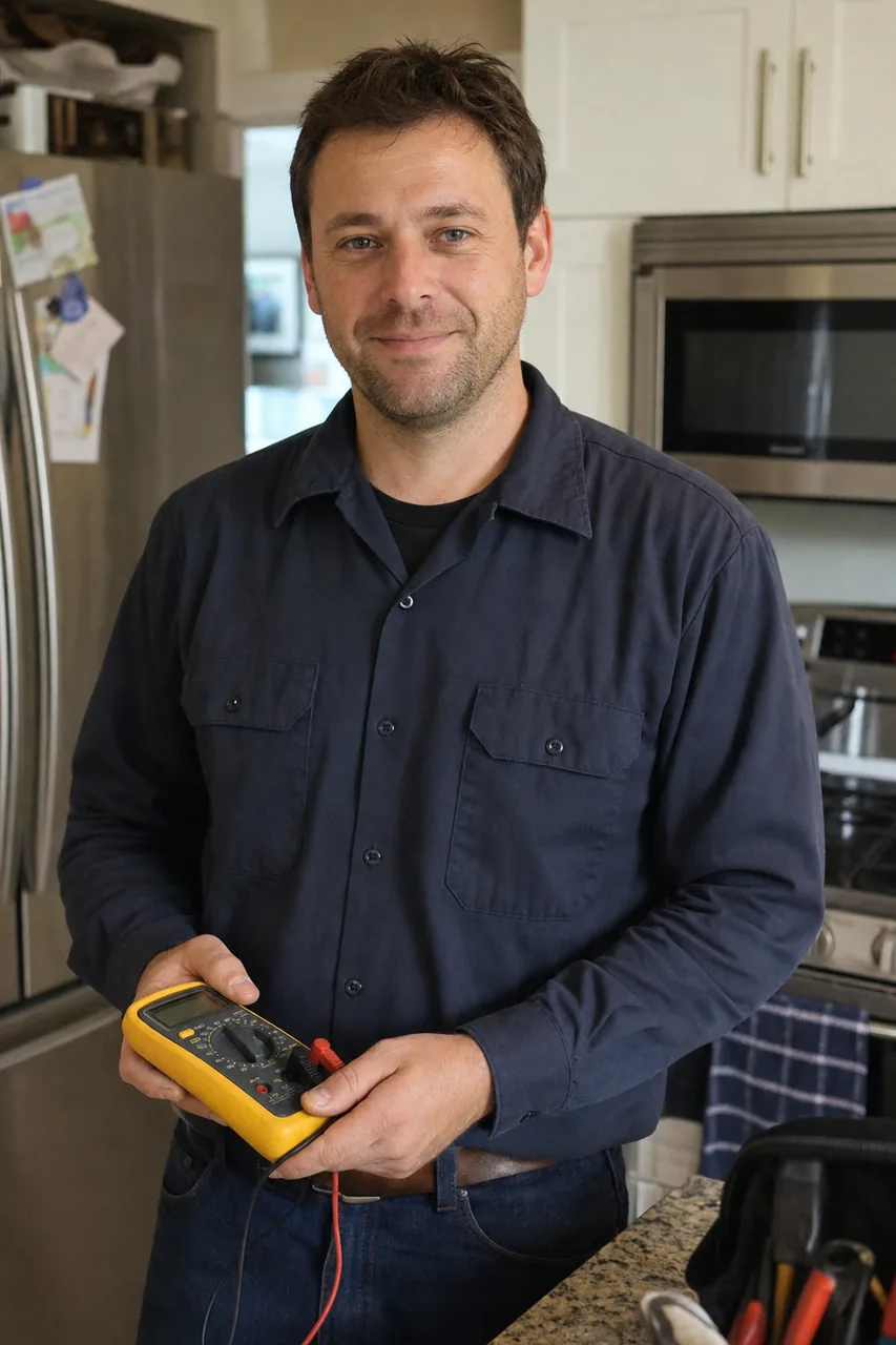 An appliance repair technician in a Katonah kitchen holding a multimeter