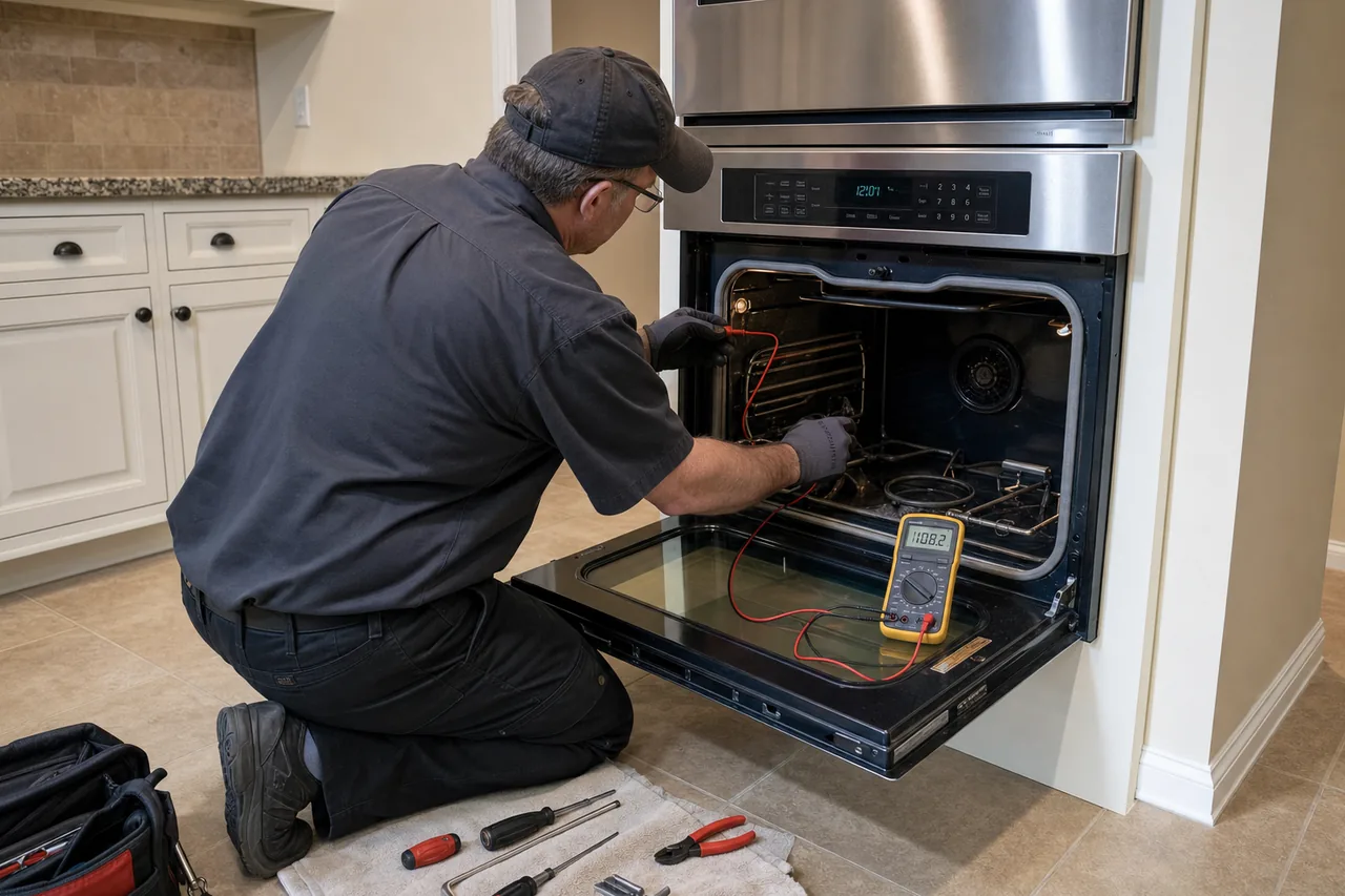 Technician servicing a built-in wall oven on a same-day visit