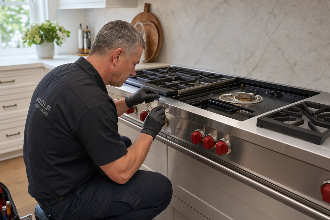 A Wolf range being serviced in a Katonah kitchen